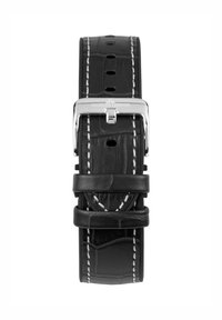 Svart läderarmband med texturerad yta, kontrasterande vit söm och ett spänne i silvermetall, med flera justeringshål.