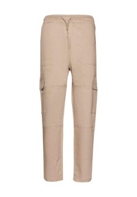 Beige cargo-housut, jotka on valmistettu kevyestä kankaasta ja joissa on joustava vyötärö, nyörisuljin sekä neljä taskua sivuilla.