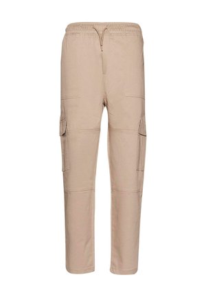 Pantaloni cargo beige realizzati in tessuto leggero, con vita elasticizzata, chiusura con coulisse e quattro tasche sui lati.