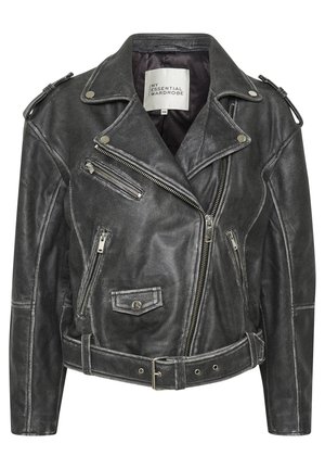 Giacca da motociclista in pelle nera effetto consumato con zip asimmetrica, tasche con zip, cintura con fibbia e etichetta "My Essential Wardrobe" all'interno del colletto.