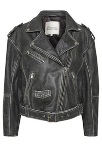 Veste de moto en cuir noir avec plusieurs zips, taille ceinturée, épaulettes et doublure en satin.