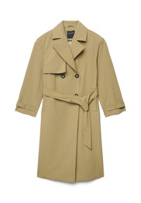 Beiger Trenchcoat aus leichtem Stoff, mit doppelreihiger Vorderseite, großem Kragen und abnehmbarem Gürtel an der Taille.