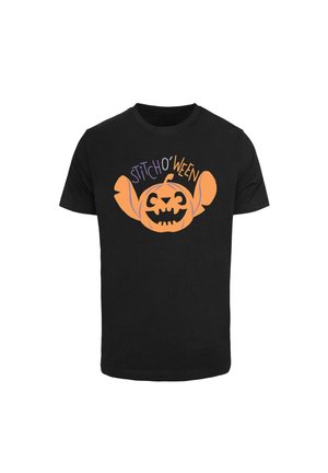 Čierne tričko s krátkym rukávom s karikatúrou tekvice so tvárou postavy, doplnené nápisom "Stitcho'ween" v purpurovej a oranžovej farbe.