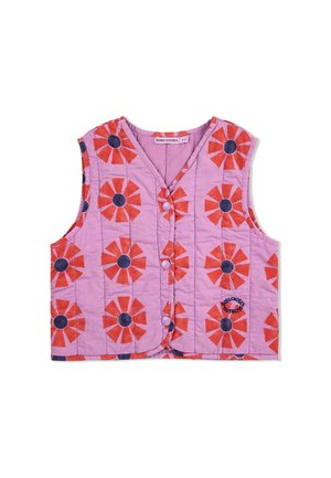 Gilet matelassé en lavande avec un motif de fleurs rouges et bleues. Présente un décolleté en V, des boutons de fermeture et un petit logo de marque sur le devant.