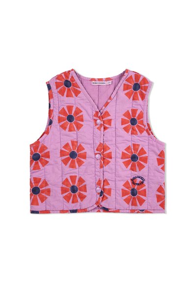 Gepatchte Weste in Lavendel mit rotem und blauem Blumenmuster. Sie besitzt einen V-Ausschnitt, Knopfverschlüsse und ein kleines Markenlogo auf der Vorderseite.