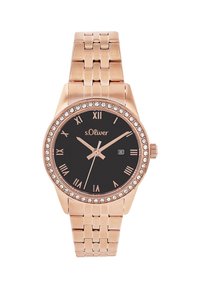 Roségold-Uhr mit schwarzem Zifferblatt, römischen Ziffern als Markierungen und einem mit Kristallen besetzten Gehäuse. Das Metallgliedarmband hat ein poliertes Finish.