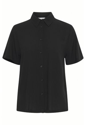 Svart kortärmad skjorta med knäppning fram, som har krage, mjukt tyg och en avslappnad passform, perfekt för avslappnad användning.