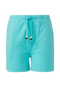 Shorts turchesi con vita elasticizzata e cordino, arricchiti con perline di legno beige e marrone, realizzati in tessuto morbido.