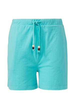 Shorts turchesi con vita elasticizzata e cordino, arricchiti con perline di legno beige e marrone, realizzati in tessuto morbido.