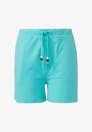 Turquoise elastic waist shorts with drawstring featuring beige and brown wooden beads, made of soft fabric.