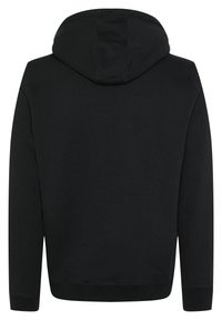 Svart huvtröja med mjuk textur, med rundad huva, långa ärmar och ribbade muddarna och nederkant. Minimalistisk design, utan mönster.