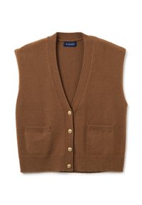 Braune ärmellose Strickjacke aus weichem Material mit tiefem V-Ausschnitt, fünf goldenen Knöpfen und zwei vorderen Taschen.