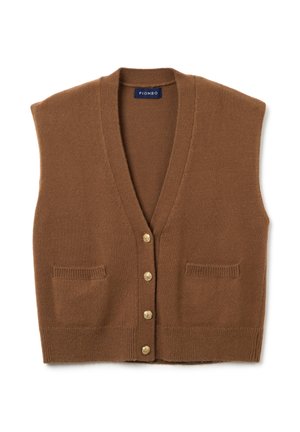 Bruine mouwloze cardigans gemaakt van zachte stof, met een diepe V-hals, vijf gouden knopen en twee voorzakken.