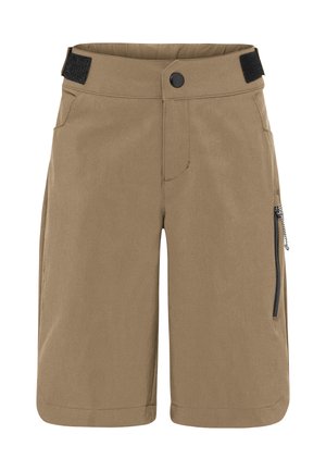 Bruine casual short met verstelbare klittenband tailleband, knoop aan de voorkant, zijzakken en een zak met rits aan de rechterkant van het broekbeen.