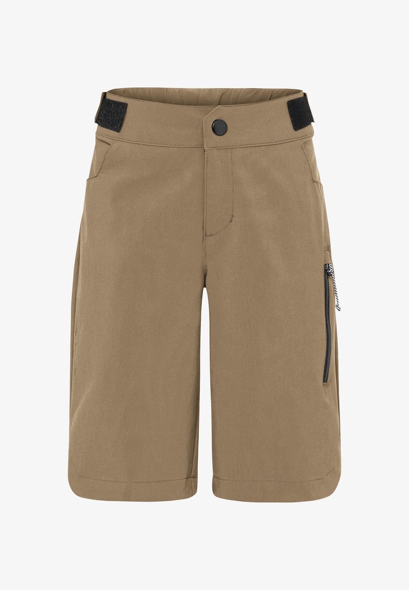 Shorts décontractés marron avec des bandes de taille réglables en Velcro, un bouton à l'avant, des poches latérales et une poche zippée sur la jambe droite.