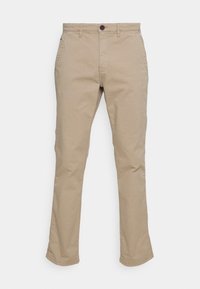 Beige Chinos mit geradem Schnitt, ausgestattet mit zwei Seitentaschen, einem Knopfverschluss und einer subtilen Textur. Keine sichtbaren Muster oder Marken.