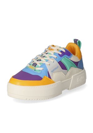 Chunky sneaker with yellow, purple, turquoise, and blue panels, white laces, thick white sole, and "BUFFALO" branding on side and tongue.