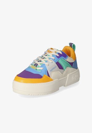 Chunky sneaker with yellow, purple, turquoise, and blue panels, white laces, thick white sole, and "BUFFALO" branding on side and tongue.