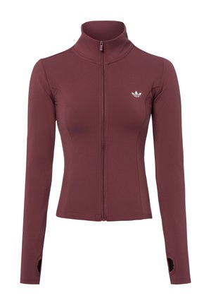 Veste slim fit à manches longues bordeaux avec fermeture éclair, trous pour les pouces et petit logo blanc sur la poitrine gauche.