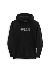 Sudadera negra con bolsillo canguro delantero, logo multicolor de Vans que incluye dados y una boca de incendio, y logo blanco de Crayola en la manga izquierda.