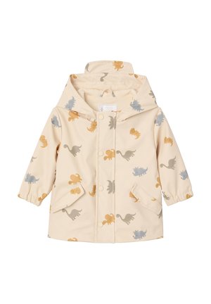 Kinderregenmantel in Cremefarbe mit Kapuze, Druckknöpfen, Fronttaschen und mehrfarbigen Dinosaurierdruck in Grau, Orange und Gelb.