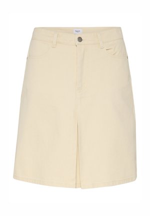 Világos bézs farmer szoknya elöl hasítékkal, standard derékkal és klasszikus ötpocket dizájnnal. Sima textúra és minimalista stílus.