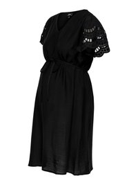 Black knee-length maternity dress with V-neck, short lace sleeves, and adjustable waist tie belt.