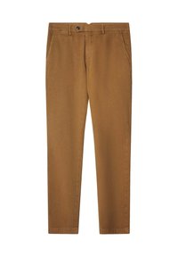 Chinos de algodón marrón con un diseño de pierna recta, que cuentan con bolsillos laterales, un cierre de botón metálico y una tela lisa y texturizada.
