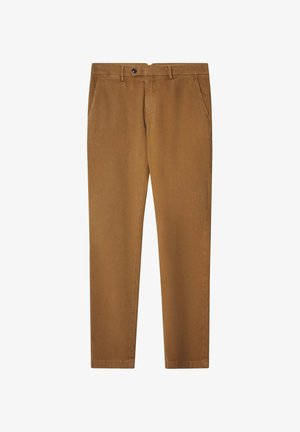 Braune Baumwoll-Chinos mit geradem Bein, ausgestattet mit Seitentaschen, einem Metallknopfverschluss und einem glatten, strukturierten Stoff.