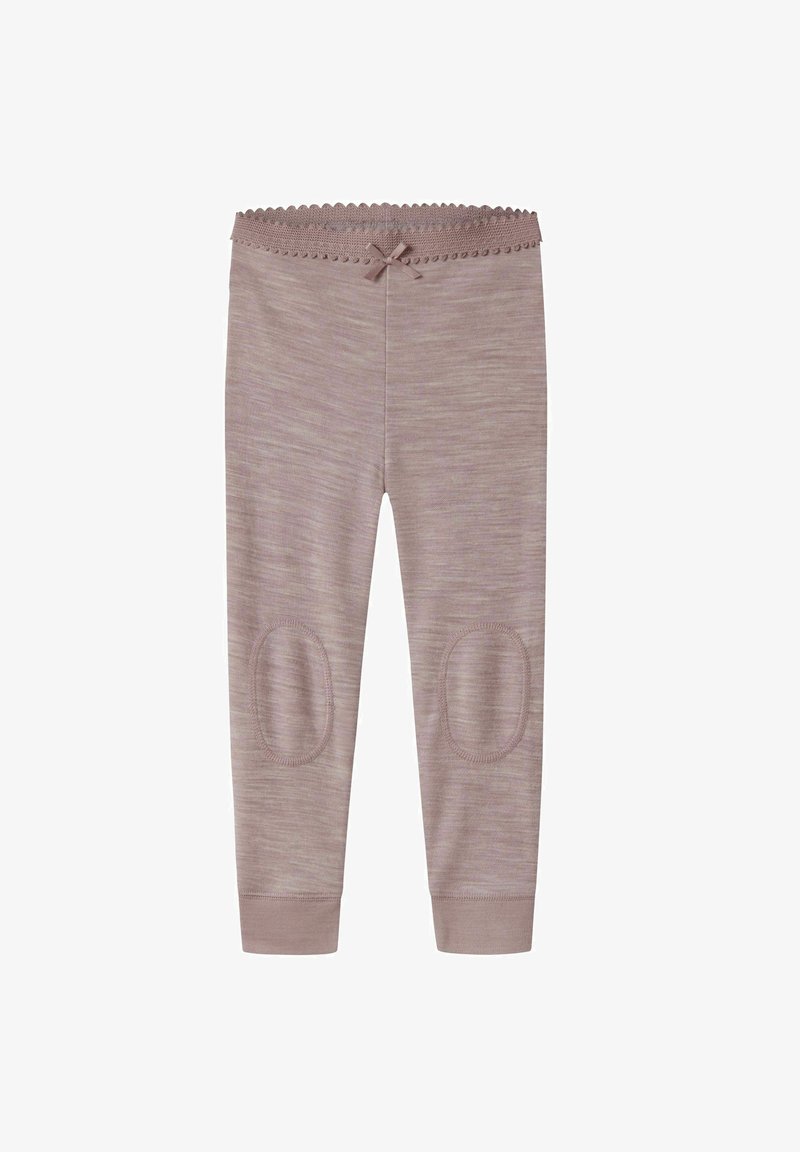 Licht mauve leggings met een golvende tailleband en een strikaccent, textuurstof en kniestukken voor extra duurzaamheid.