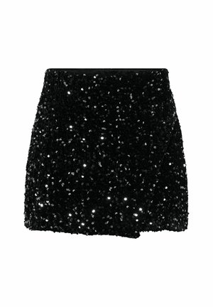Mini falda de lentejuelas negra con un diseño ajustado, que presenta una superficie texturizada y un panel delantero superpuesto. Las lentejuelas reflectantes crean un efecto brillante.