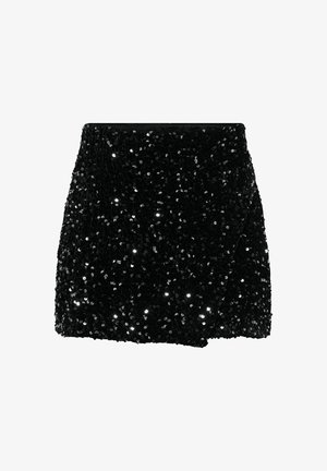 Jupe mini noire à sequins avec un design ajusté, présentant une surface texturée et un panneau avant superposé. Des sequins réfléchissants créent un effet scintillant.