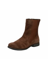 Braunes Wildleder-Ankle-Boot mit elastischen Seitenpaneelen, abgerundeter Zehenpartie, dekorativen Perforationen und einem niedrigen Absatz. Robuste schwarze Gummisohle.