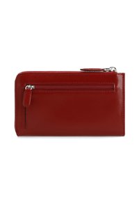 Rote Lederbrieftasche mit schlankem Design, ausgestattet mit einem Reißverschlusstasche und glatter Textur. Kompakte rechteckige Form, polierte Oberfläche.