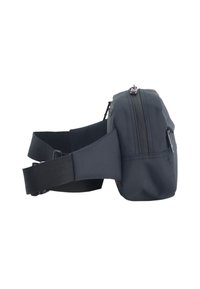 Borsa in vita nera realizzata in nylon resistente, dotata di un compartimento principale con zip, cinturino regolabile e un design compatto e rettangolare.