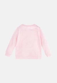 Felpa rosa con maniche lunghe, scollo tondo e polsini a coste. Tessuto morbido senza fantasie, che mostra una vista posteriore pulita e liscia.