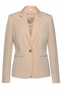 Béžový blazer vyrobený z hladké tkaniny, s klopovým límcem, uzávěrem na jedno tlačítko, dvěma předními kapsami a přiléhavým střihem.