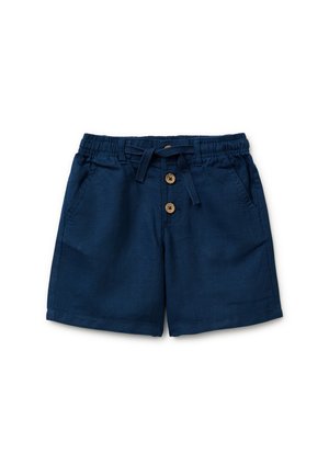 Pantaloncini blu navy per bambino piccolo con vita elastica, due tasche frontali, due bottoni in legno e chiusura con coulisse in tessuto annodata.