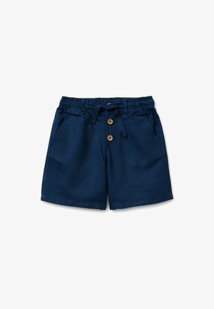 Pantaloncini blu navy per bambino piccolo con vita elastica, due tasche frontali, due bottoni in legno e chiusura con coulisse in tessuto annodata.