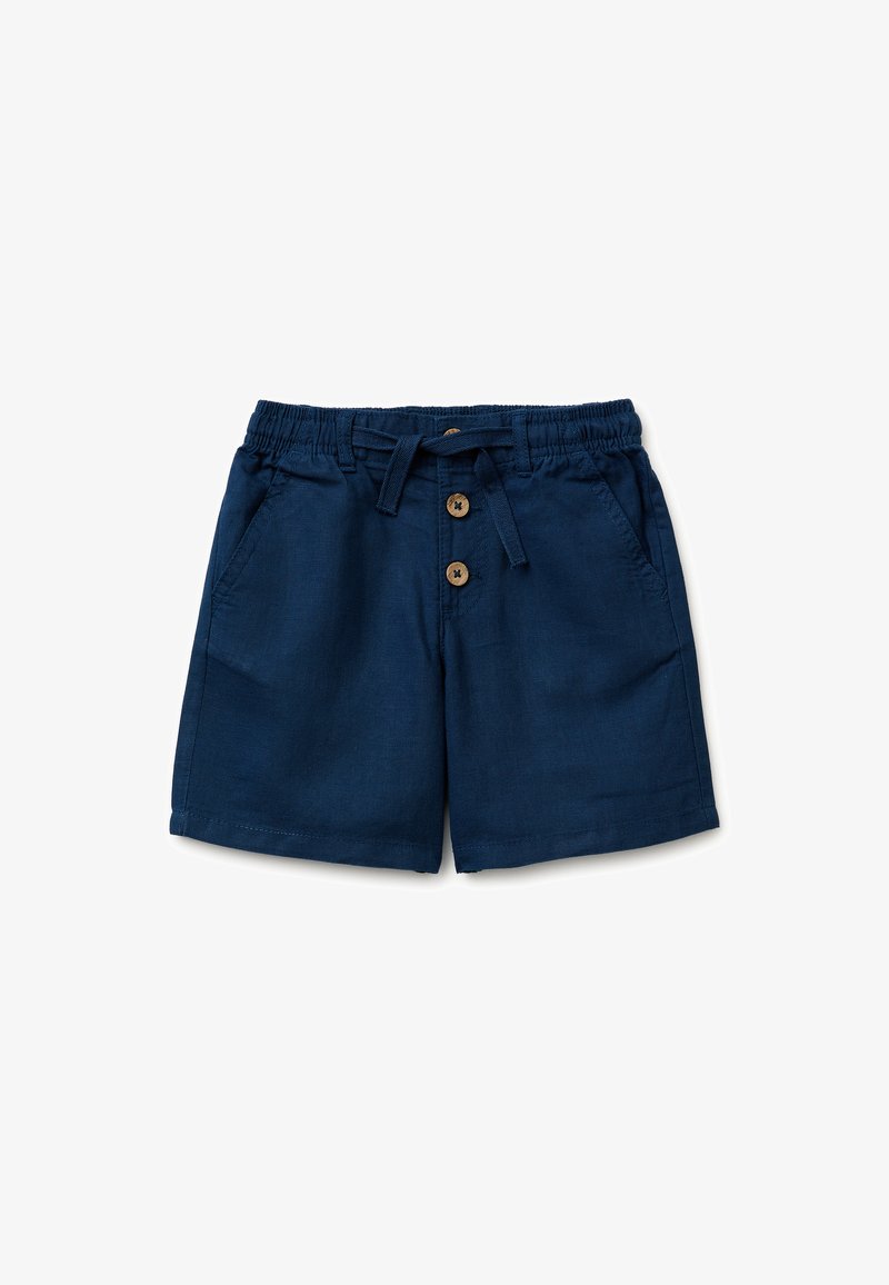 Navy blue toddler shorts with elastic waistband, two front pockets, two wooden buttons, and a tied fabric drawstring closure.