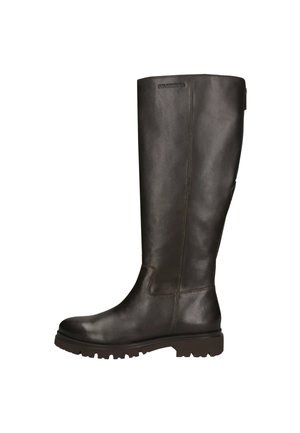 Braune Lederstiefel bis zum Knie mit glatter Textur, ausgeprägter Naht und robustem Gummisohle für Halt. Das Obermaterial zeigt ein dezentes Logo.