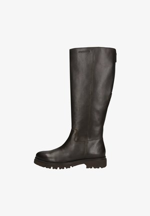 Braune Lederstiefel bis zum Knie mit glatter Textur, ausgeprägter Naht und robustem Gummisohle für Halt. Das Obermaterial zeigt ein dezentes Logo.