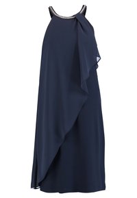 Robe sans manches bleu marine avec un détail drapé à l'avant et un col orné. Fabriquée en tissu léger avec une texture lisse.