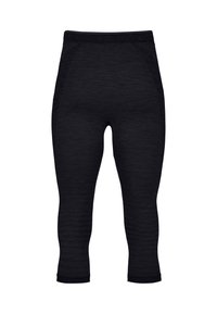 Black capri leggings made of a soft, textured fabric. Features an elastic waistband and tapered legs with a smooth finish.