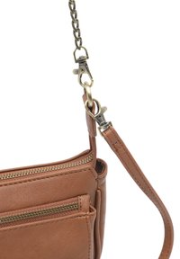 Brown leather bag with a chain strap, zipper closure, and a front pocket. Features gold-tone hardware and smooth texture.