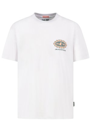 Weißes Kurzarm-T-Shirt mit rundem Ausschnitt, mit einer kleinen orange-türkisfarbenen Wellen-Grafik und dem Schriftzug „Summer Vibes“ auf der linken Brust.