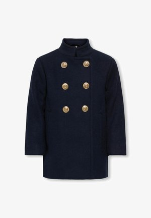 Dvoredni mornarsko plavi vuneni kaput sa šest zlatnih ukrasnih gumba, visokim ovratnikom, dugim rukavima i prednjim džepovima.