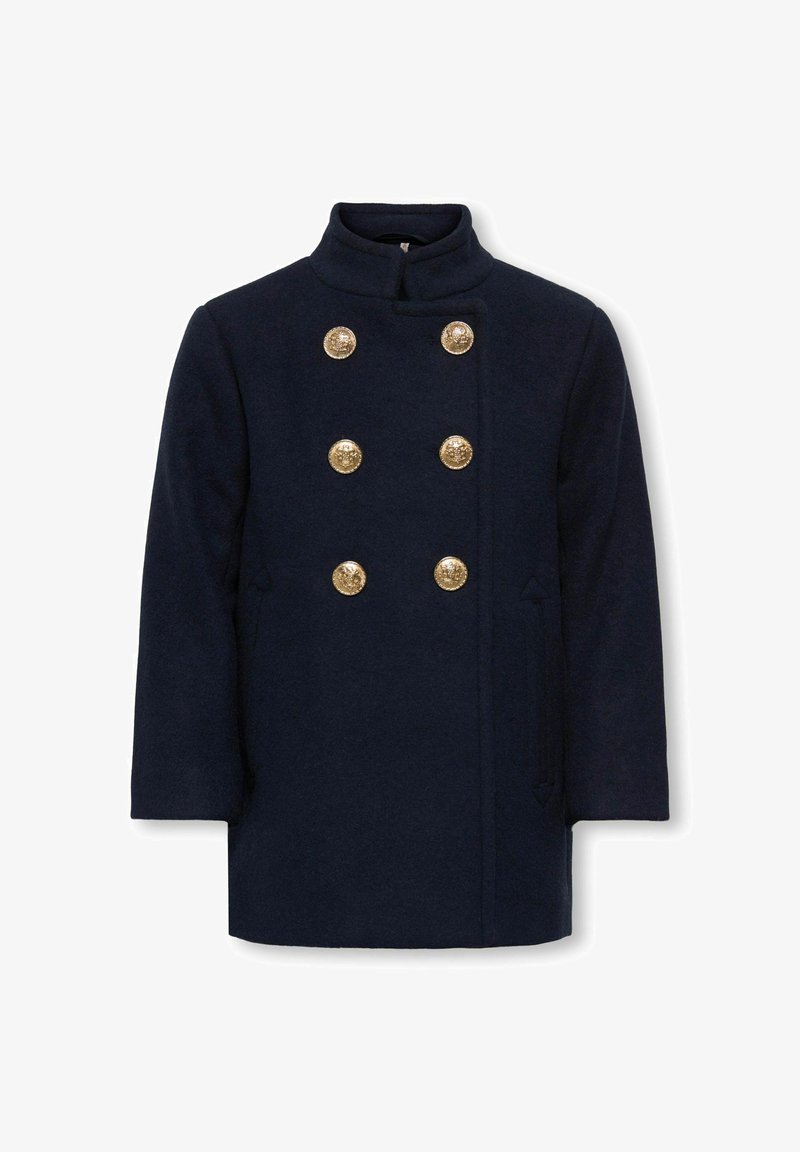 Marineblå ull dobbelspent frakk med seks dekorative gullknapper, høy krage, lange ermer og frontlommer.