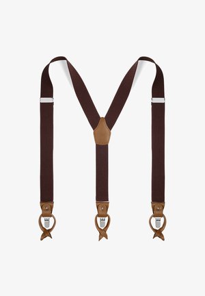 Brown fabric suspenders with tan leather details and silver metal clips, arranged in a Y-shape on a white background.