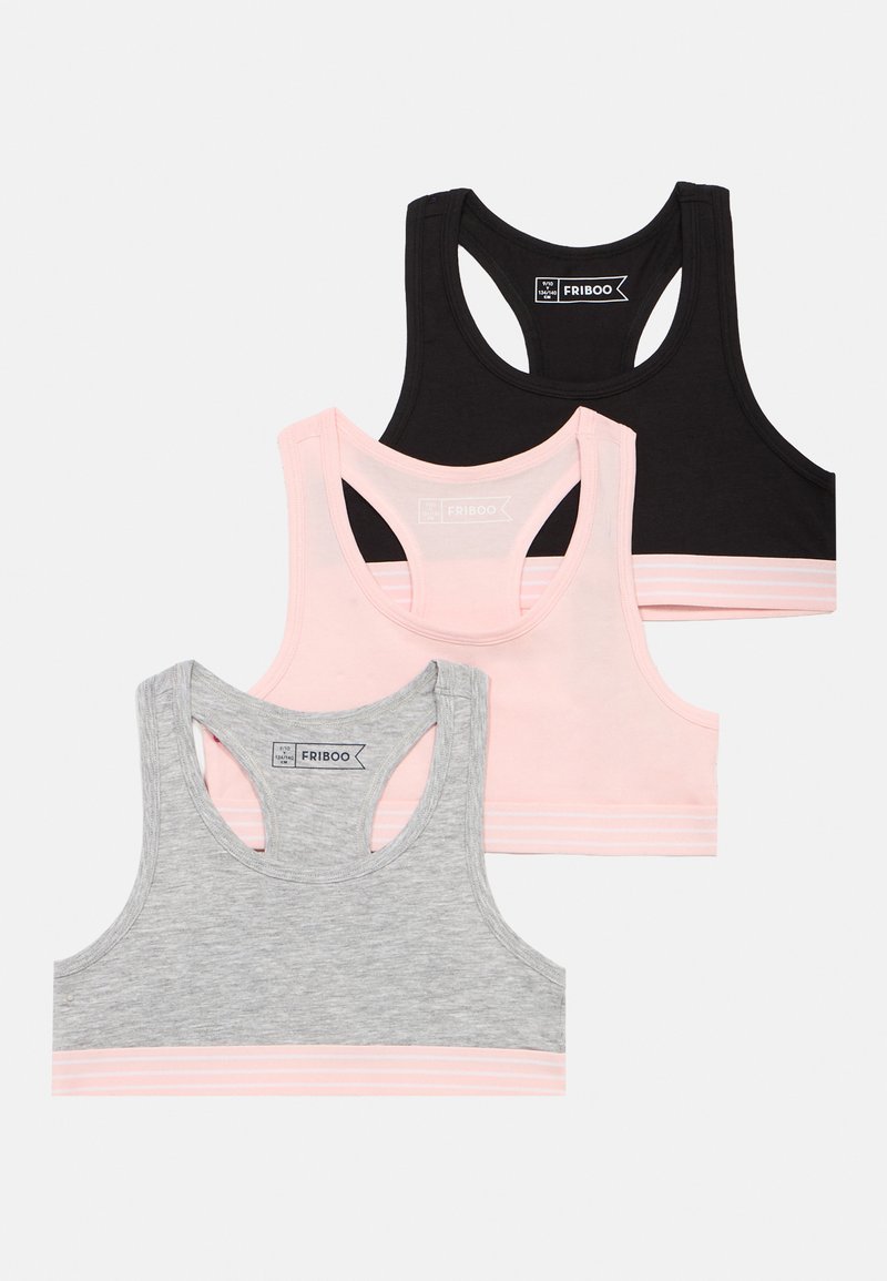 Τρία μανίκια χωρίς μανίκια σε μαύρο, ανοιχτό ροζ και γκρι. Κάθε ένα έχει σχεδιασμό racerback και μια αντίθετη ριγέ ταινία στο κάτω μέρος. Βαμβακερό ύφασμα.